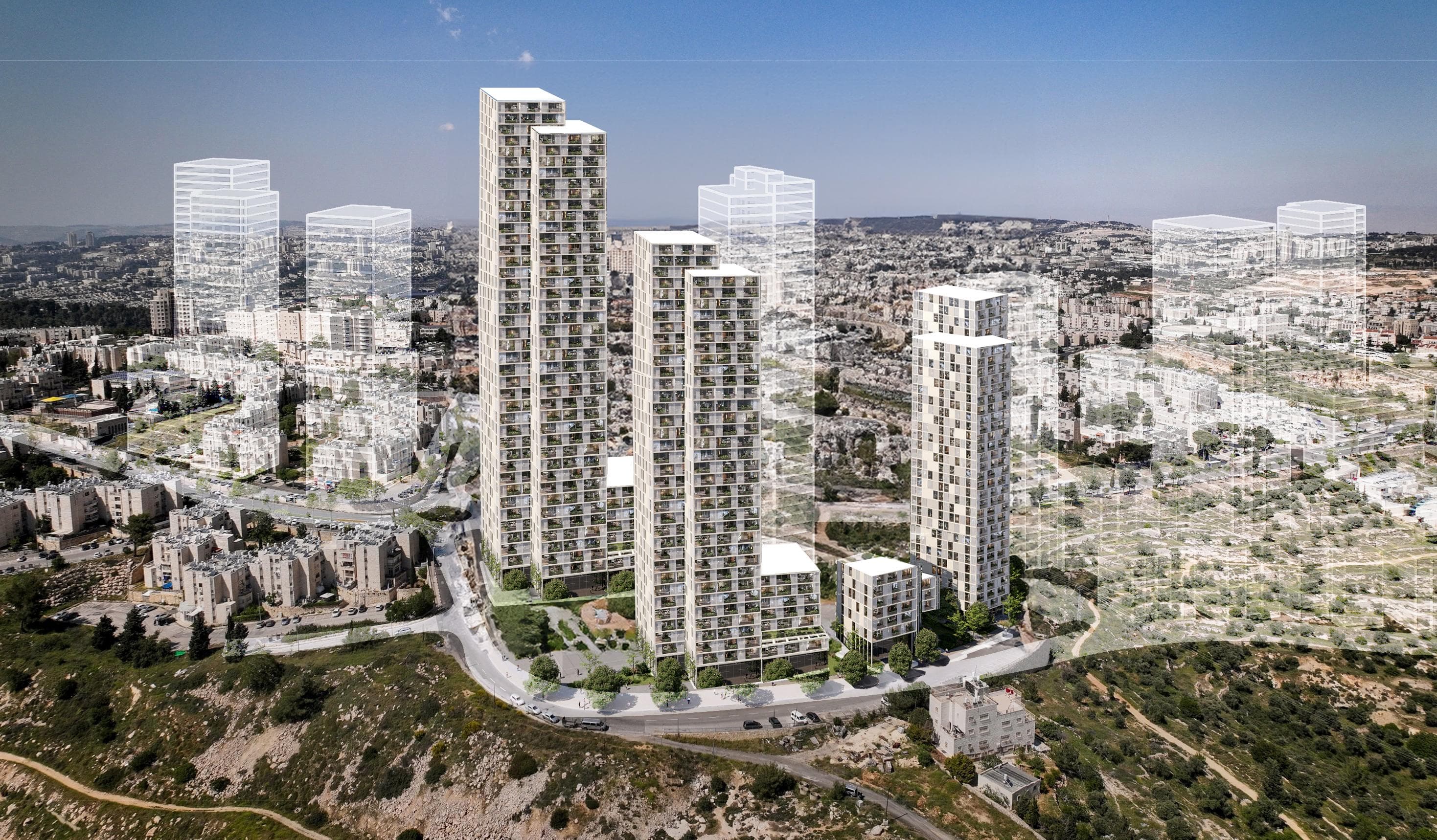 הדמיה אווירית של שלושת המגדלים המוצעים בפרויקט האנפה בשכונת גילה, ירושלים